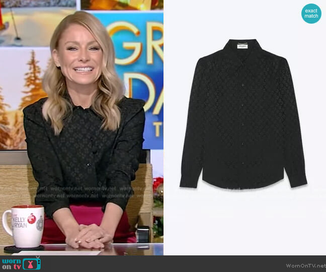 Saint Laurent Shirt in Matte and Shiny Silk worn by Kelly Ripa on Live with Kelly and Mark