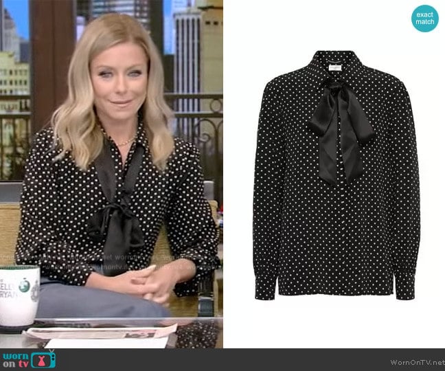 Saint Laurent Tie-Neck Polka-Dot Silk Blouse worn by Kelly Ripa on Live with Kelly and Mark