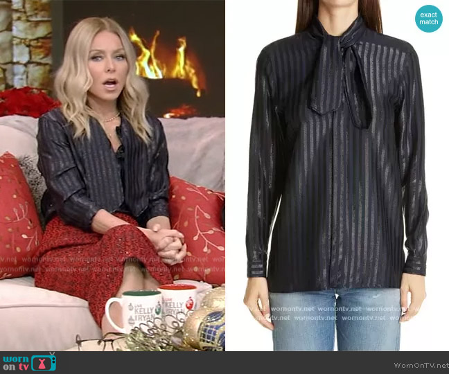 Saint Laurent Metallic Stripe Tie Neck Silk Blend Blouse worn by Kelly Ripa on Live with Kelly and Mark