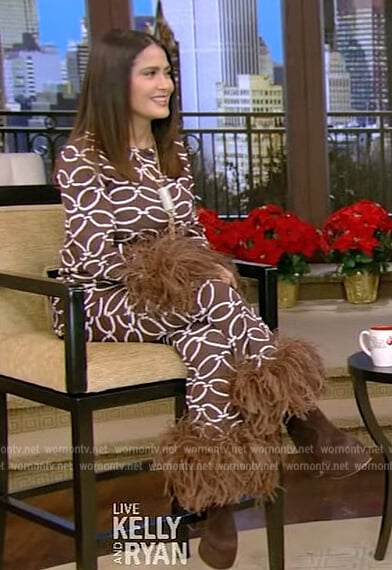 Salma Hayek’s brown printed feather trim top and pants on Live with Kelly and Ryan