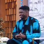 Samuel Arnold’s blue abstract print shirt and corduroy pants on Good Morning America