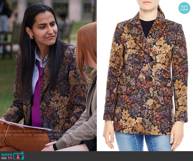 Sandro Alma Floral Jacquard Jacket worn by Bela Malhotra (Amrit Kaur) on The Sex Lives of College Girls