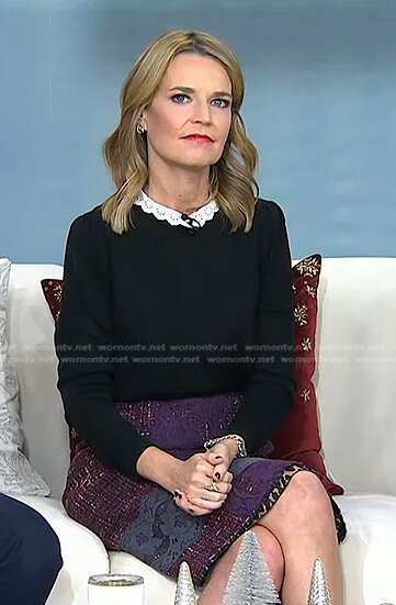 Savannah’s black lace trim sweater and burgundy tweed skirt on Today
