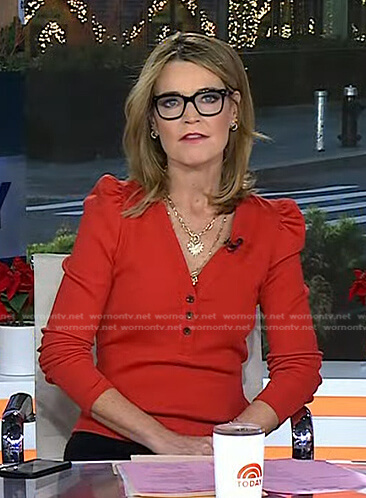 Savannah’s red puff sleeve top on Today