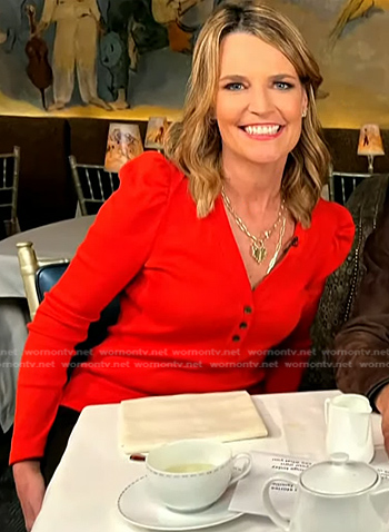 Savannah’s red puff sleeve top on Today