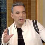 Sebastian Maniscalco’s white leather bomber jacket on Live with Kelly and Ryan