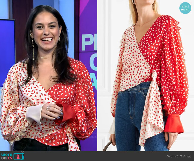 Self Portrait Guipure Lace-trimmed Printed Satin Wrap Top worn by Donna Farizan on Today