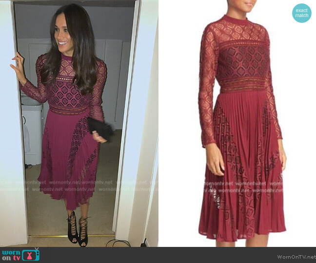 Self Portrait Symm Lace Chiffon Midi Dress worn by Meghan Markle on Harry and Meghan