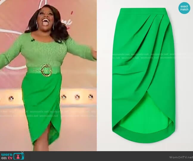 Sergio Hudson Draped wrap-effect grain de poudre wool midi skirt worn by Sherri Shepherd on Sherri