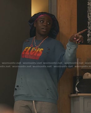 Shan’s blue Elvis sweatshirt on Gossip Girl