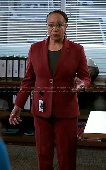 Sharon’s red blazer with square button on Chicago Med