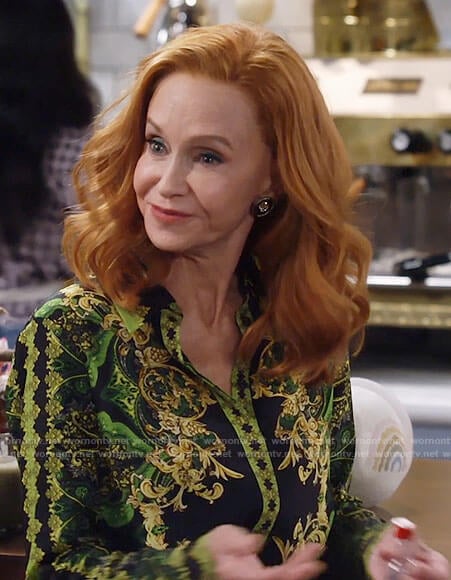 Sheila’s black and green printed blouse on Call Me Kat