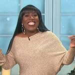 Sheryl’s metallic ribbed off shoulder top on The Talk