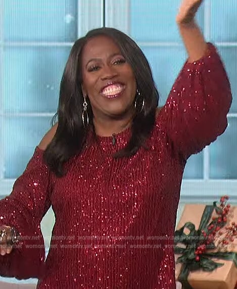 Sheryl’s red sequin cold shoulder top on The Talk