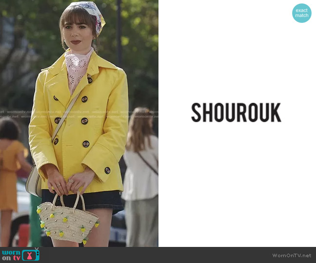 Shourouk Sicily Straw Bag worn by Emily Cooper (Lily Collins) on Emily in Paris