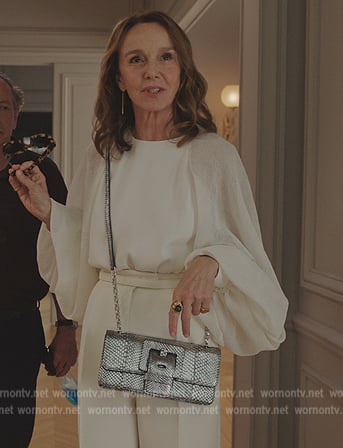 Sylvie’s silver shoulder bag on Emily in Paris