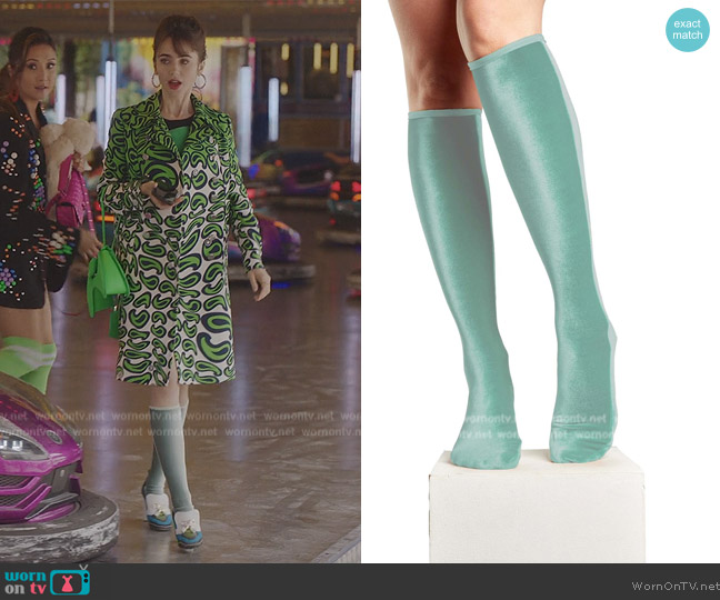 Simone Wild Velvet Knee Socks in Pistachio worn by Emily Cooper (Lily Collins) on Emily in Paris