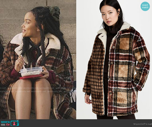 Something Navy Faux Fur Plaid Coat worn by Zoya Lott (Whitney Peak) on Gossip Girl