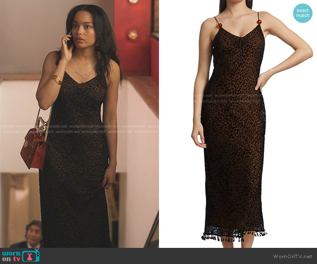 Staud Clay Leopard Beaded Midi Dress worn by Zoya Lott (Whitney Peak) on Gossip Girl