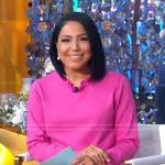 Stephanie’s pink frilled neck top and earrings on Good Morning America