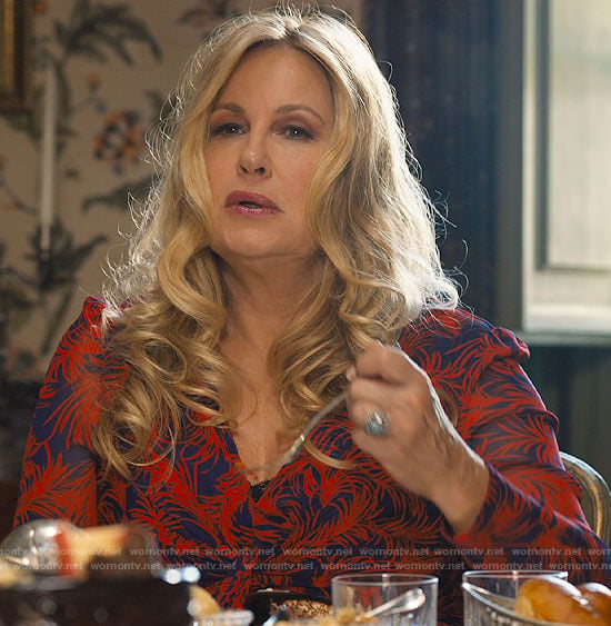 Tanya’s blue and red feather print dress on The White Lotus