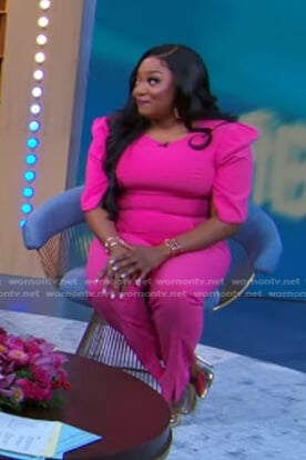 Teri Ijeoma’s pink puff sleeve jumpsuit on Good Morning America