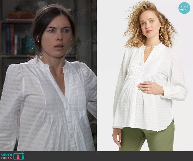 The Nines by Hatch Long Sleeve Pintuck Cotton Maternity Shirt Cream Striped worn by Willow Tait (Katelyn MacMullen) on General Hospital