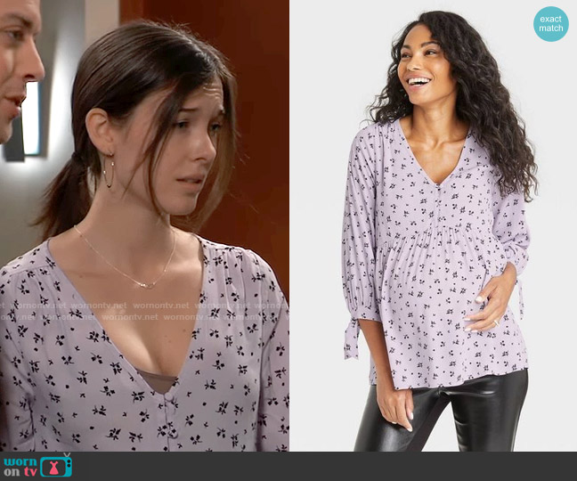 The Nines by HATCH Tie 3/4 Sleeve Crepe Maternity Blouse worn by Willow Tait (Katelyn MacMullen) on General Hospital