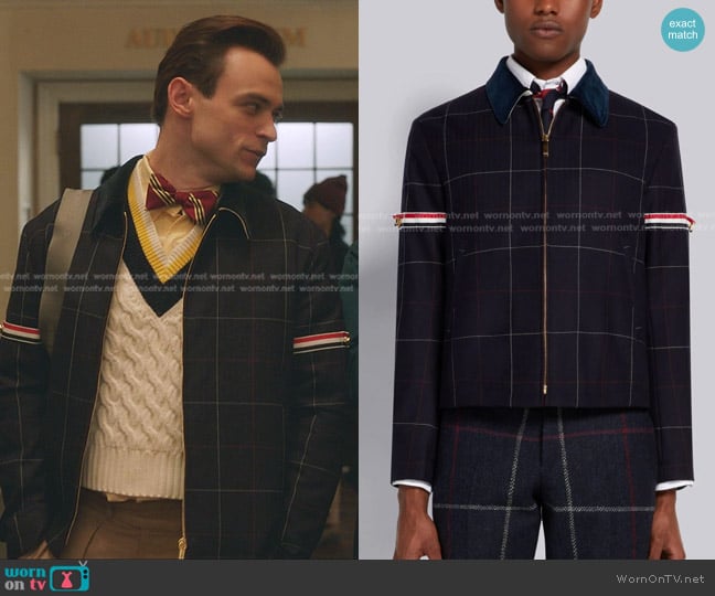 Thom Browne Windowpane Suiting Grosgrain Armband Golf Jacket worn by Maximus Wolfe (Thomas Doherty) on Gossip Girl