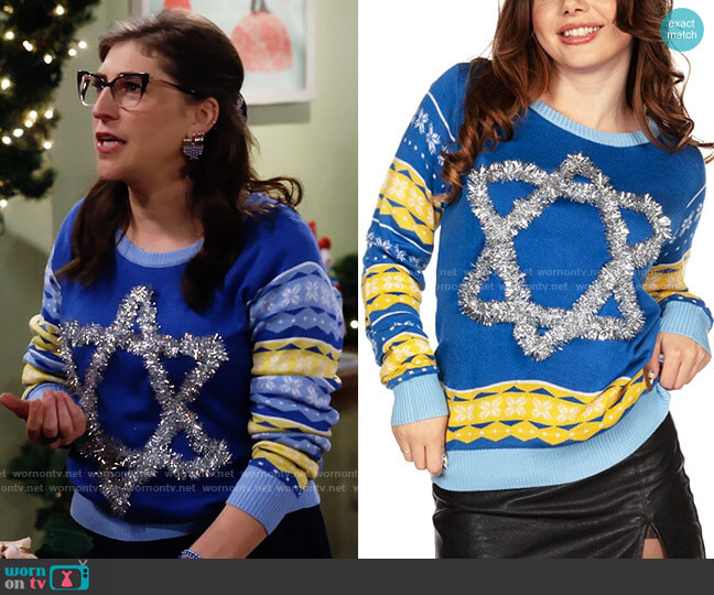 Tipsy Elves Tinsel Star of David Sweater worn by Kat Silver (Mayim Bialik) on Call Me Kat