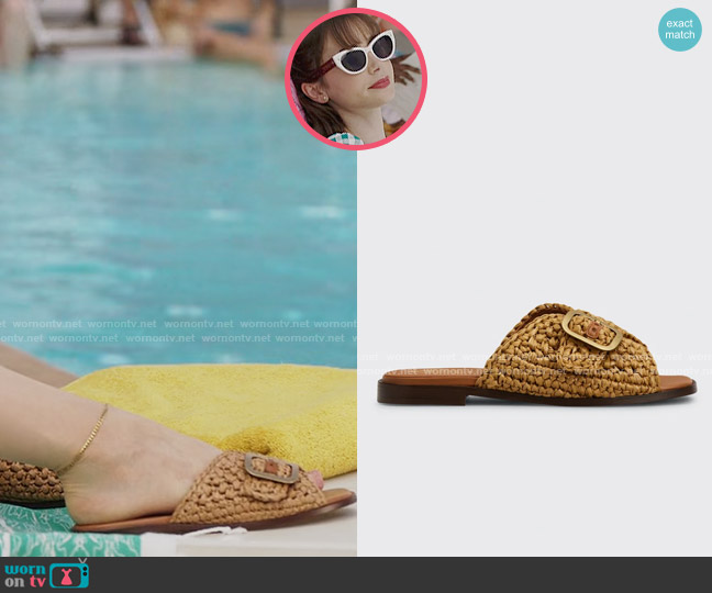 Tod's Raffia Buckle Flat Sandals worn by Emily Cooper (Lily Collins) on Emily in Paris