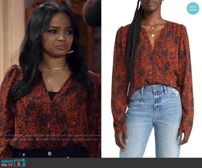 Treasure & Bond Floral Print Button Front Dobby Blouse in Navy Orange Mystic Floral worn by Randi (Kyla Pratt) on Call Me Kat