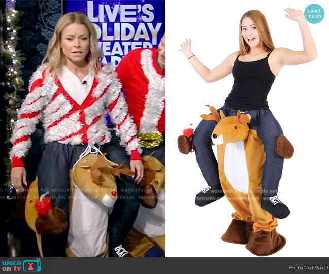Ugly Christmas Sweater Christmas Reindeer Ride On with Light Up Nose worn by Kelly Ripa on Live with Kelly and Mark