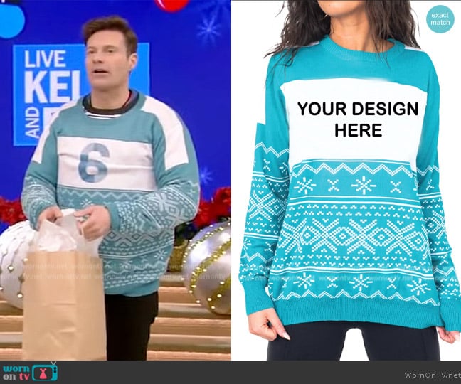 Ugly Christmas Sweater Adult Poly-Knit Logo Christmas Sweater worn by Ryan Seacrest on Live with Kelly and Mark