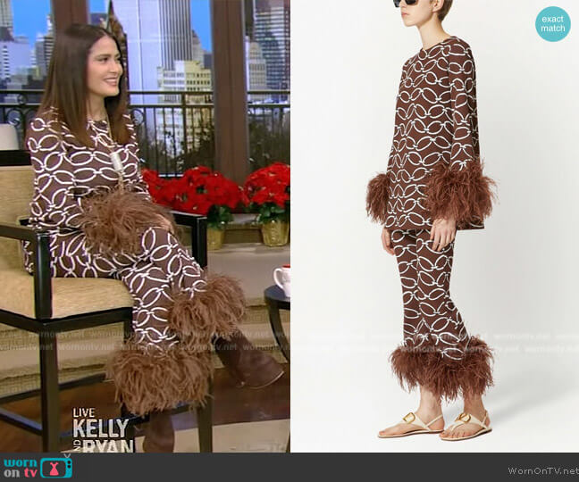 Valentino Feather-trim chain-print top worn by Salma Hayek on Live with Kelly and Mark