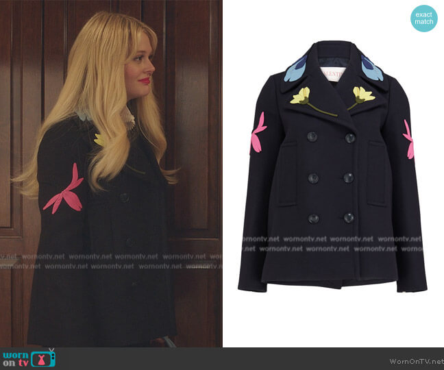 Valentino Garavani Floral Applique Double-Breasted Pea Coat worn by Audrey Hope (Emily Alyn Lind) on Gossip Girl