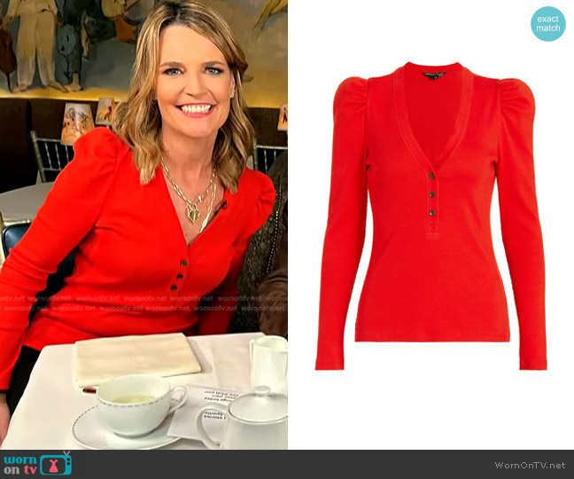 Veronica Beard Dekalb Puff Sleeve Rib Top worn by Savannah Guthrie on Today