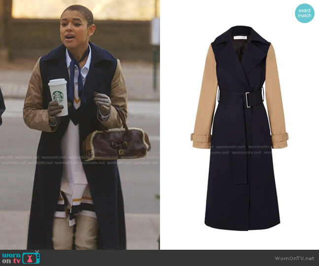 Victoria Beckham Two-Tone Canvas Trench Coat In Navy worn by Julien Calloway (Jordan Alexander) on Gossip Girl