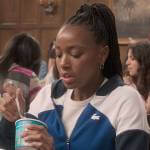 Whitney’s blue colorblock hoodie on The Sex Lives of College Girls