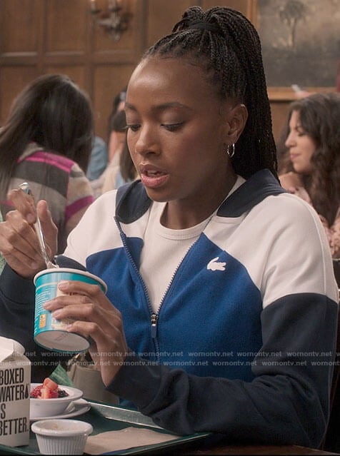 Whitney’s blue colorblock hoodie on The Sex Lives of College Girls