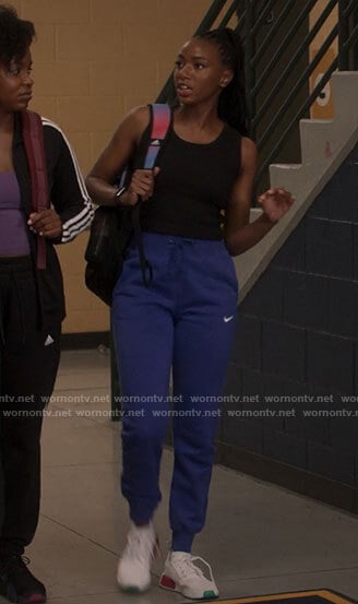Whitney’s blue Nike sweatpants on The Sex Lives of College Girls