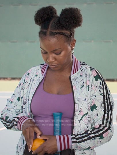 Willow’s graphic printed bomber jacket on The Sex Lives of College Girls