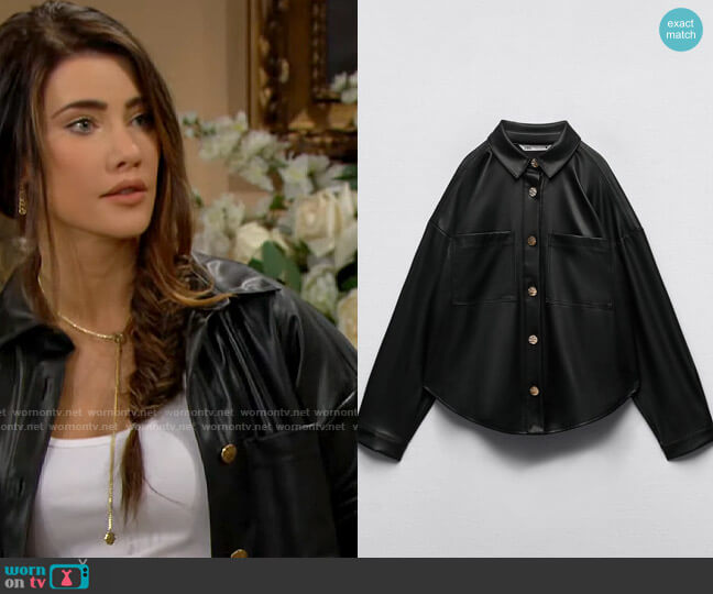 Zara Gold Button Faux Leather Overshirt worn by Steffy Forrester (Jacqueline MacInnes Wood) on The Bold and the Beautiful
