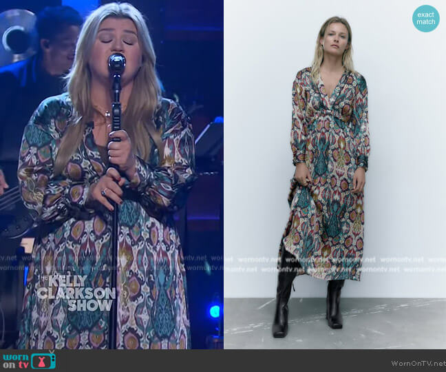Zara Printed Midi Dress worn by Kelly Clarkson on The Kelly Clarkson Show
