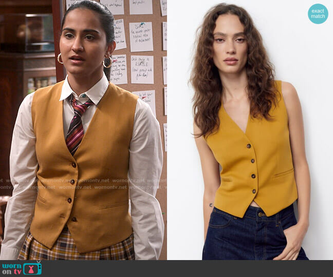 Zara Classic Waistcoat with Pockets in Curry worn by Bela Malhotra (Amrit Kaur) on The Sex Lives of College Girls