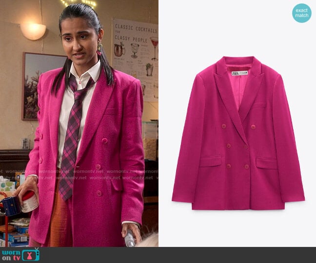 Zara Flowing Double Breasted Blazer worn by Bela Malhotra (Amrit Kaur) on The Sex Lives of College Girls