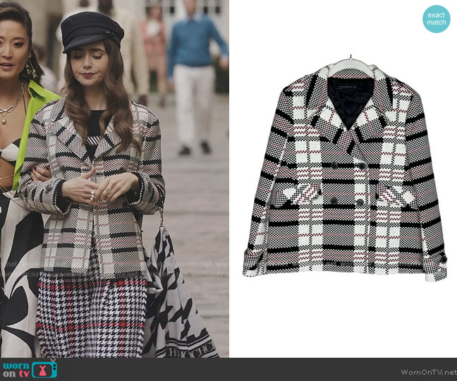 Zara Plaid Blazer worn by Emily Cooper (Lily Collins) on Emily in Paris