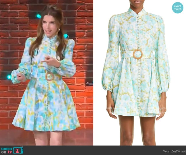 Zimmermann Aqua Ikat Foral print dress worn by Anna Kendrick on The Kelly Clarkson Show