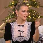 Zoey Deutch’s black contrast lace mini dress on The Kelly Clarkson Show