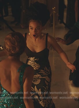 Zoya’s green floral print satin dress on Gossip Girl